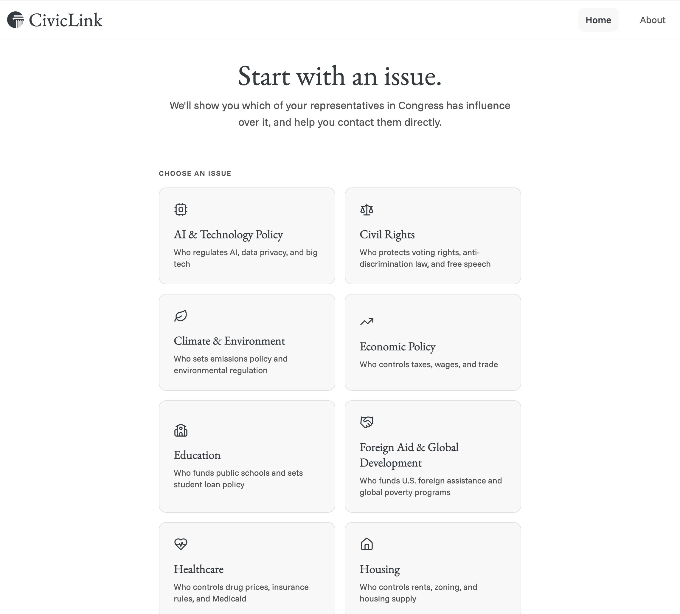 Issue selection screen: 'Start with an issue,' a grid of policy categories including AI & Technology Policy, Civil Rights, Climate & Environment, Economic Policy, Education, and Foreign Aid & Global Development