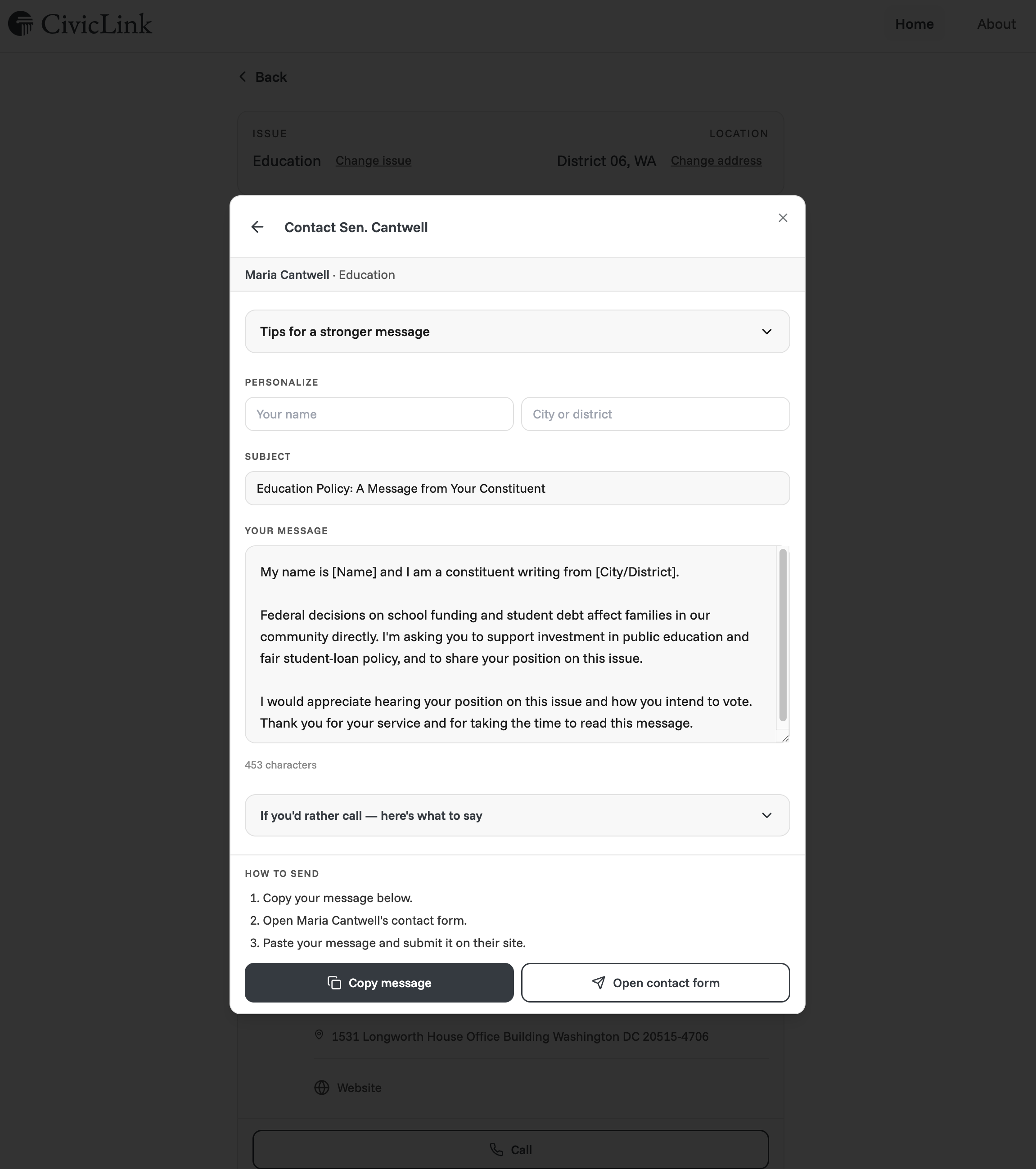 Contact modal for Sen. Cantwell showing an editable message with a 'Tips for a stronger message' panel, a subject line, the message body, and 'How to send' steps: copy, open contact form, paste and submit