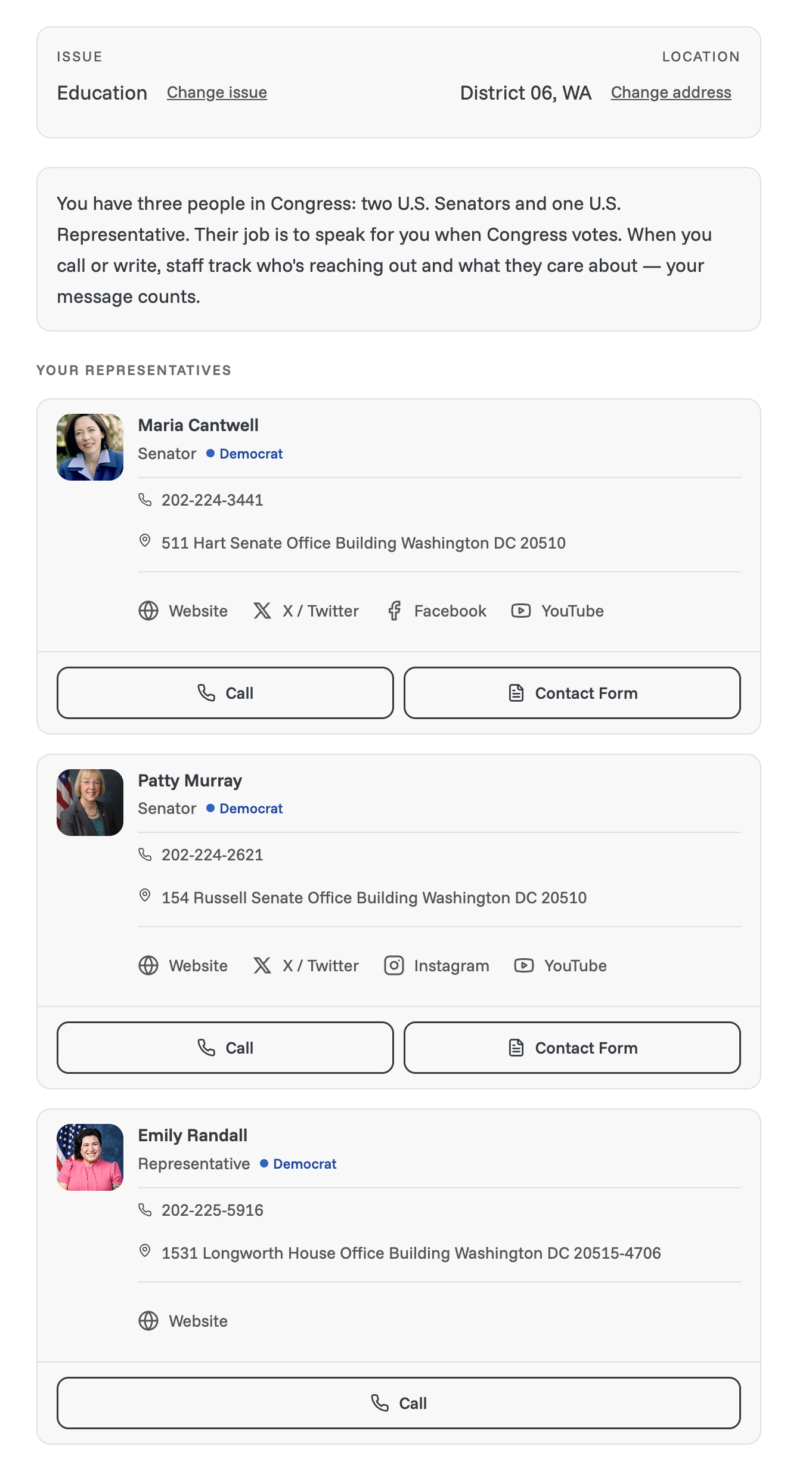 Representative results page showing Maria Cantwell (Senator), Patty Murray (Senator), and Emily Randall (Representative), each with call and contact-form buttons. Emily Randall's card omits the contact-form button entirely