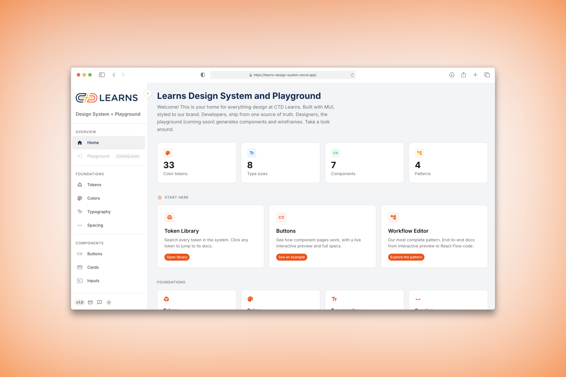 Learns Design System homepage: sidebar navigation and stat cards for color tokens, type sizes, components, and patterns.