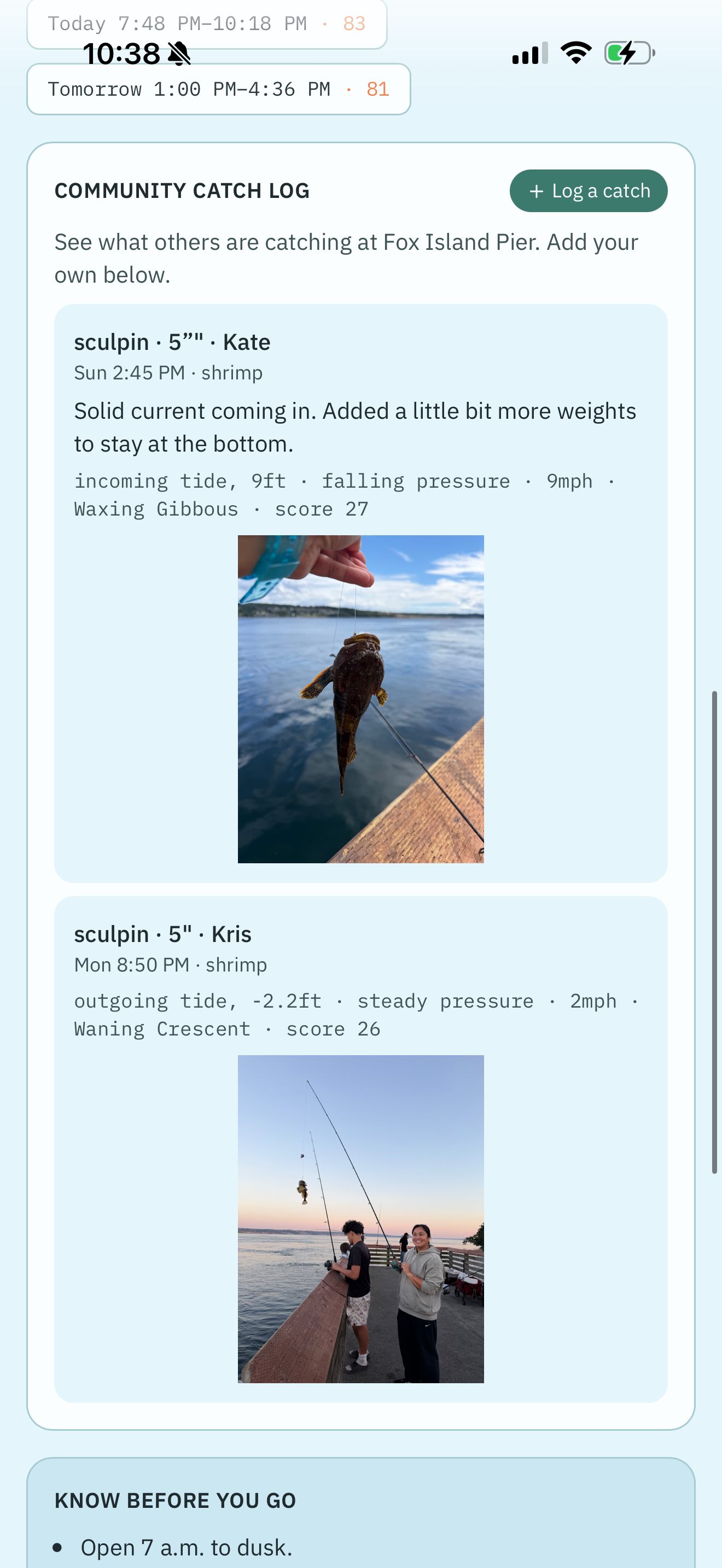 Community catch log showing logged catches with tide, pressure, and moon phase captured at time of catch.