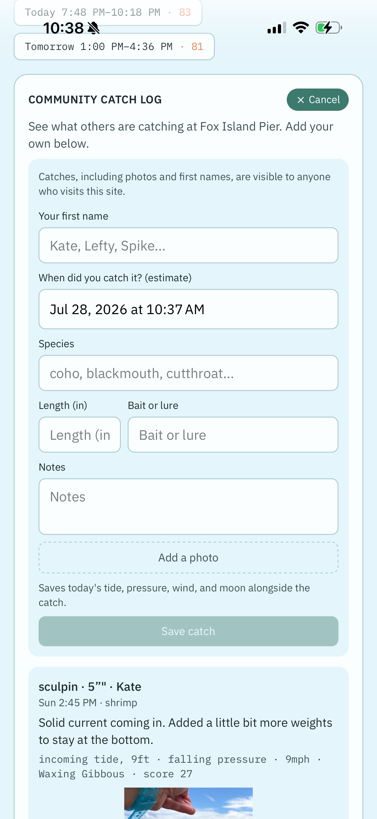 Catch log entry form for logging species, length, bait, and notes.
