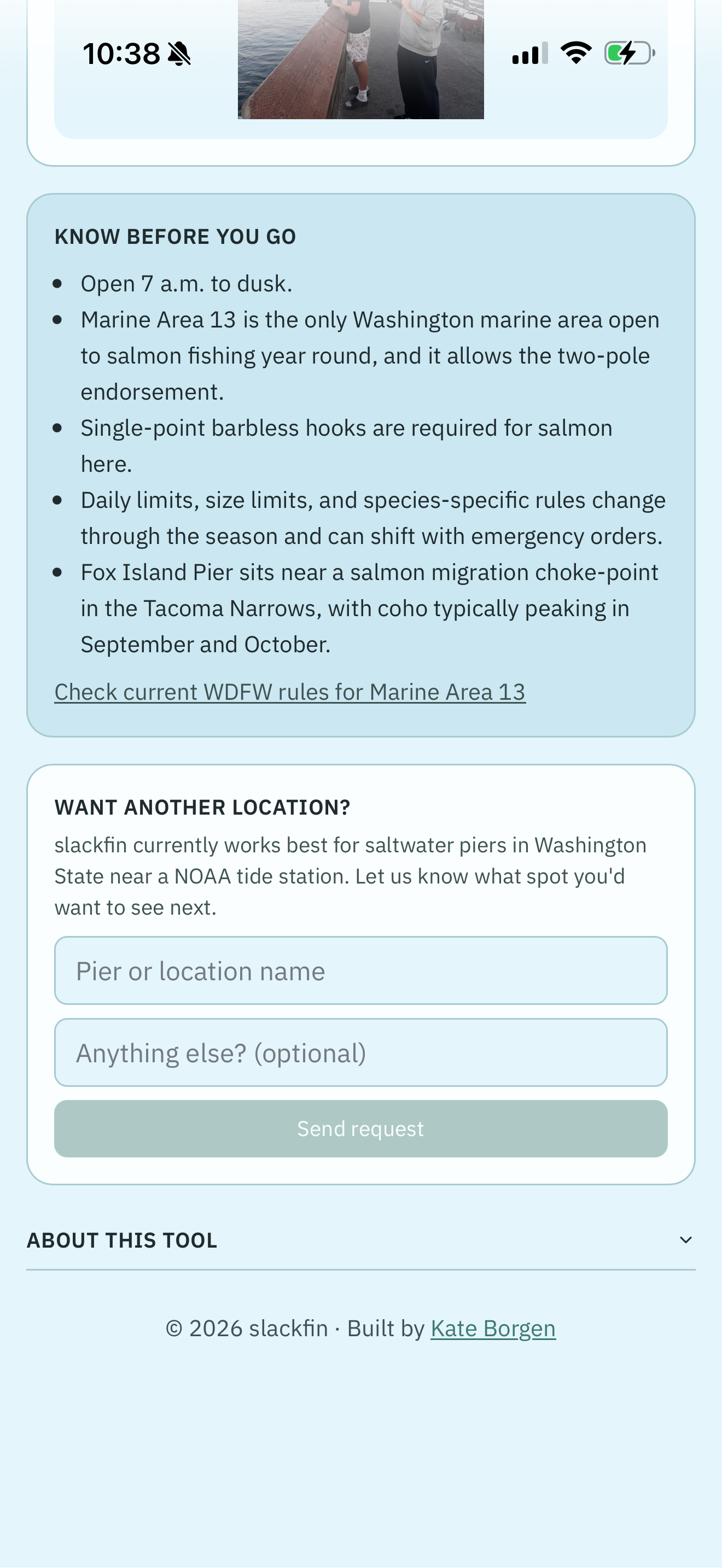 Regulations panel linking to WDFW rules for Marine Area 13, with a location request form below it.