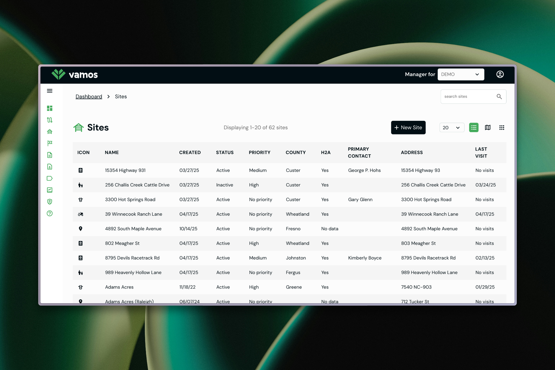 Vamos app sites table view: a list of outreach locations with address, custom field data, and status indicators.
